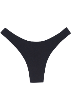 Black thong-style bikini bottom, front view with v-shaped waistband and narrow rear panel.