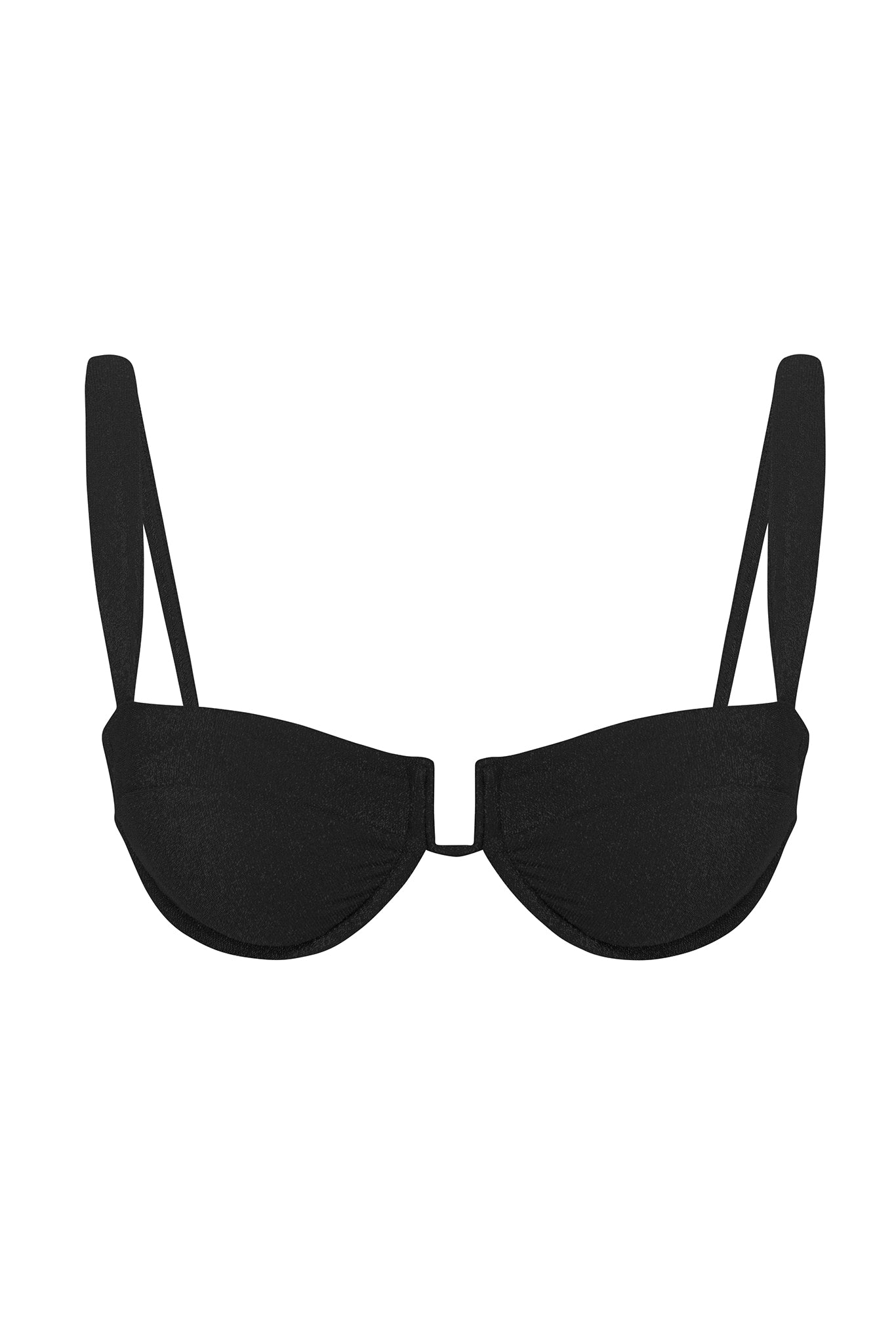 Black underwire bikini top with U-shaped center front and thin double shoulder straps.