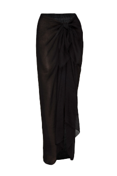 Black sheer wrap skirt with front knot and asymmetrical drape