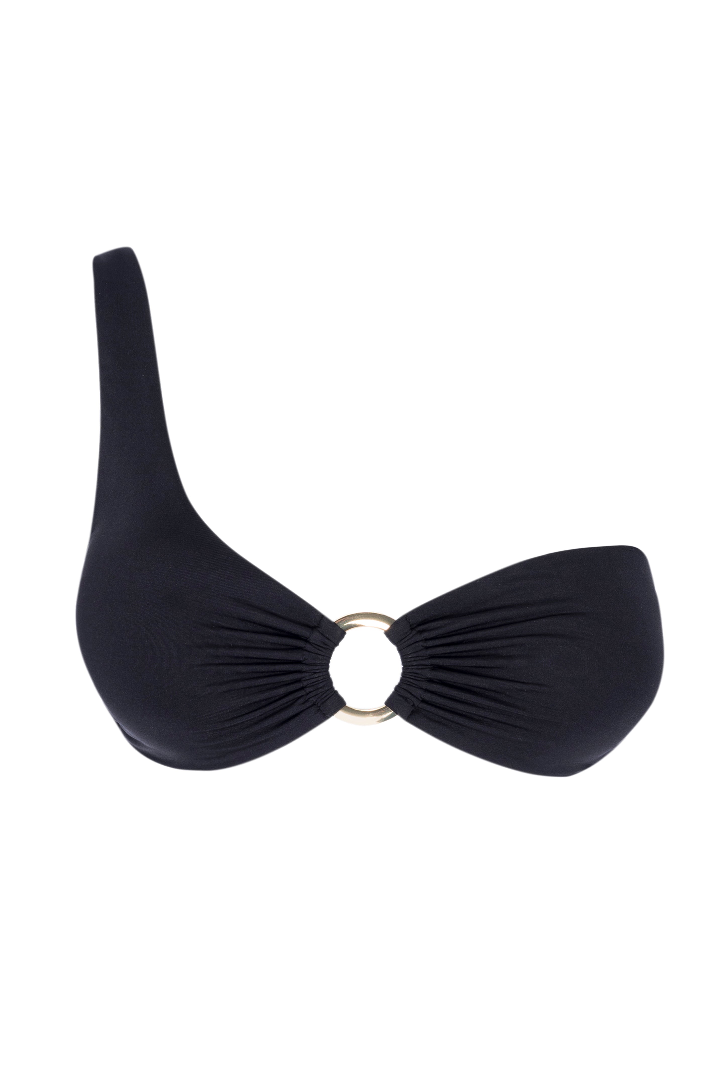 Black one-shoulder bikini top with ruched cups and gold circular center ring