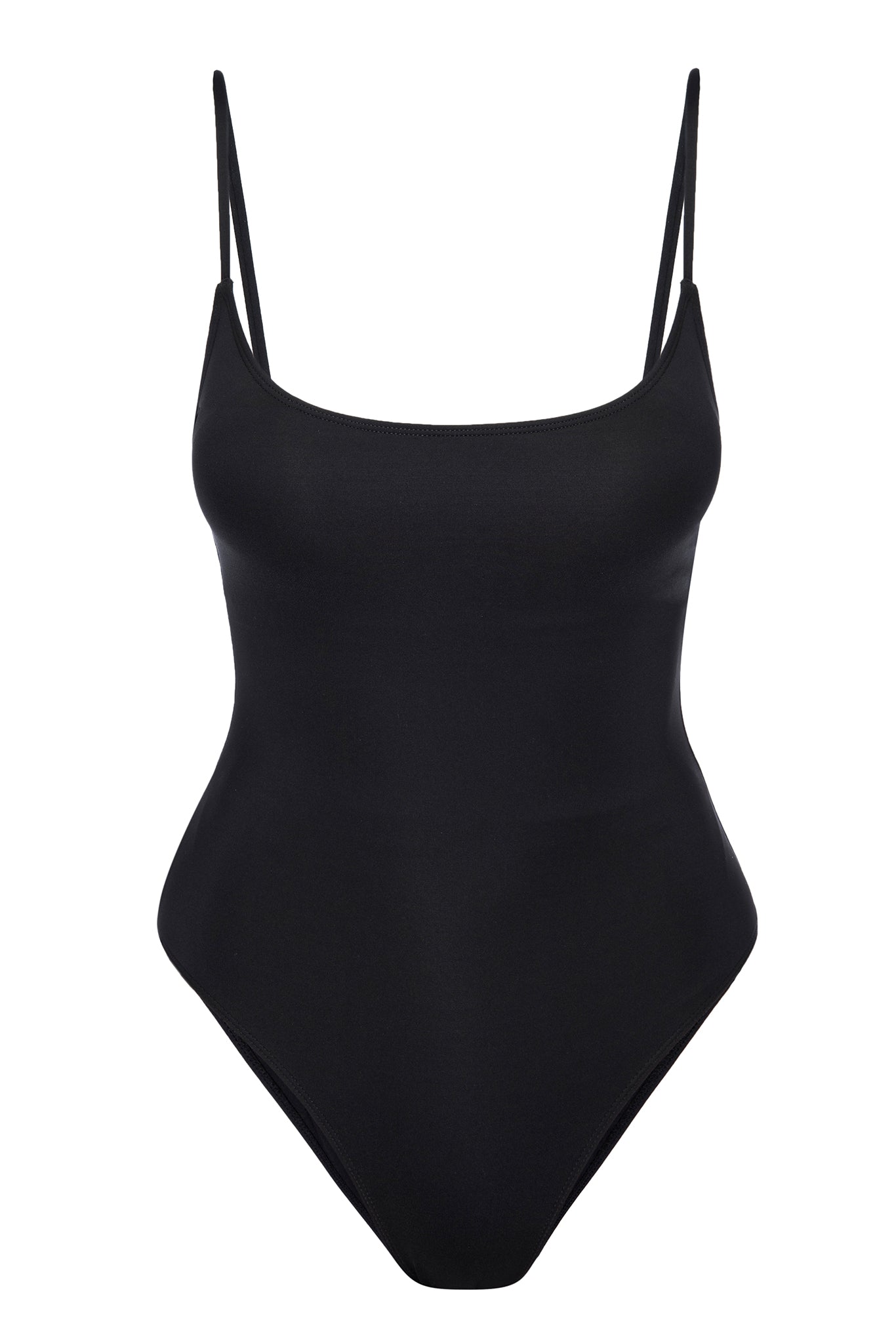 Black one-piece swimsuit with thin spaghetti straps and scoop neckline