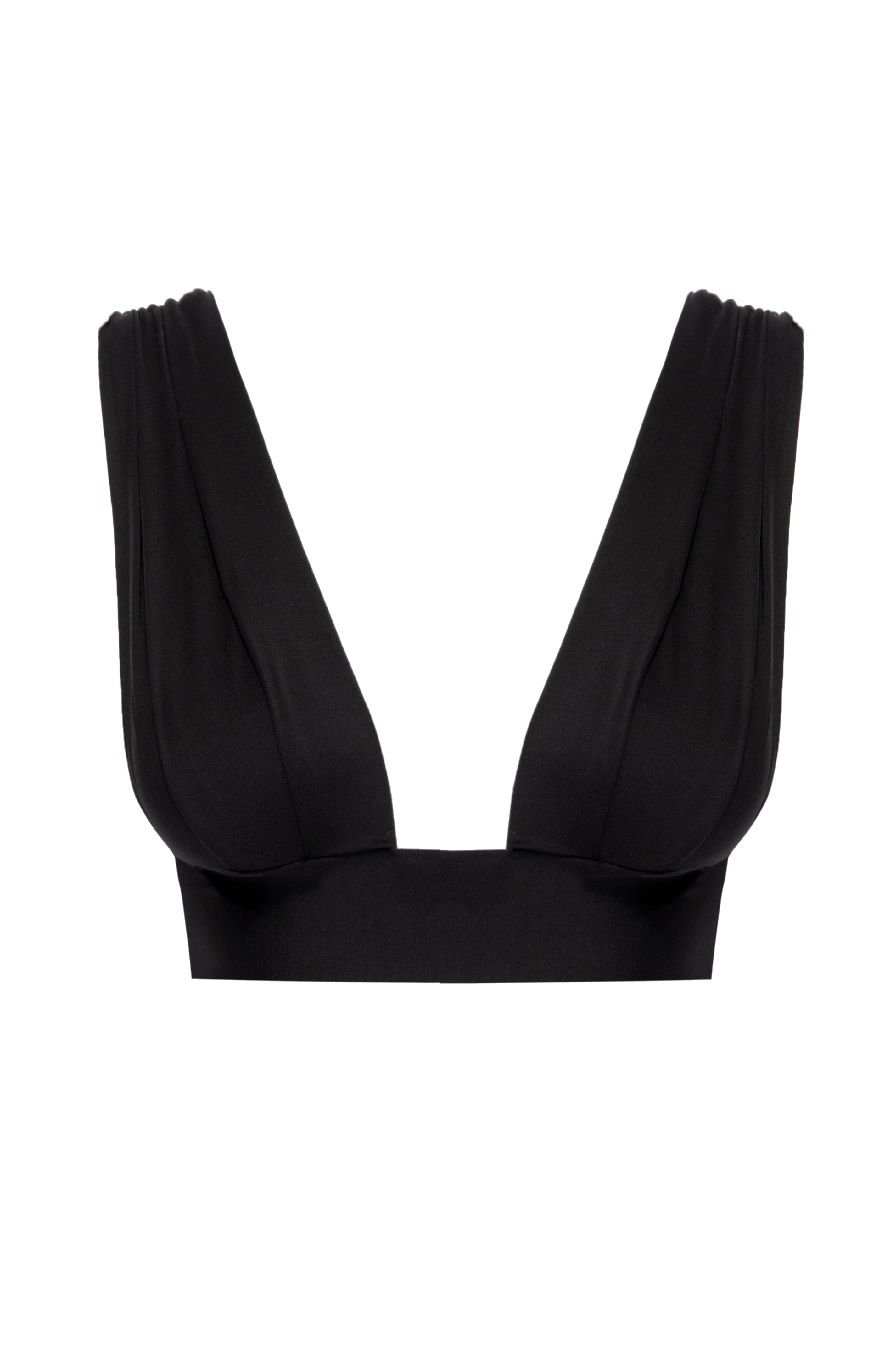 Black plunging V-neck crop top with wide gathered shoulder straps and wide underband