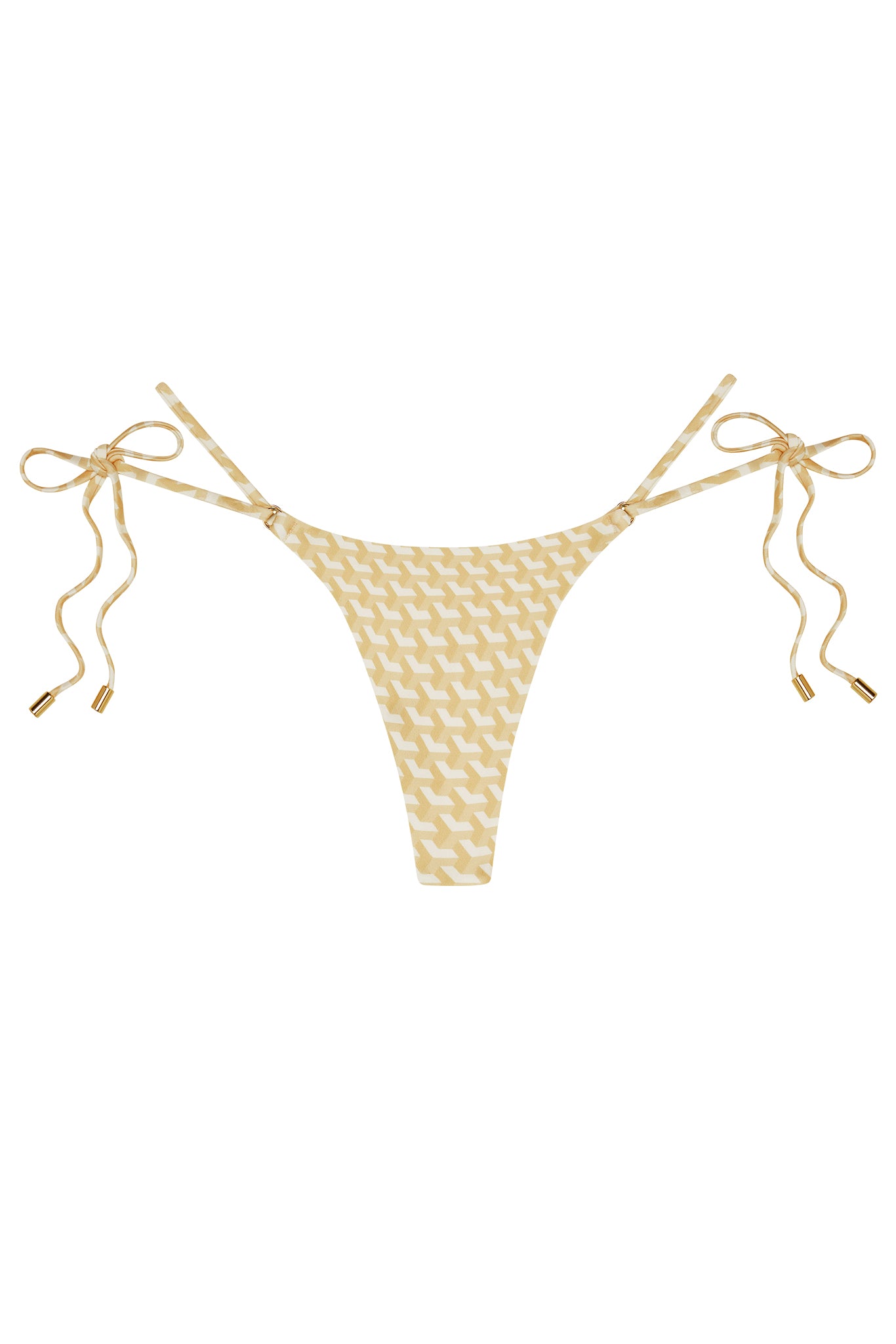 Yellow and white geometric patterned tie-side bikini bottom with gold-tipped end caps.