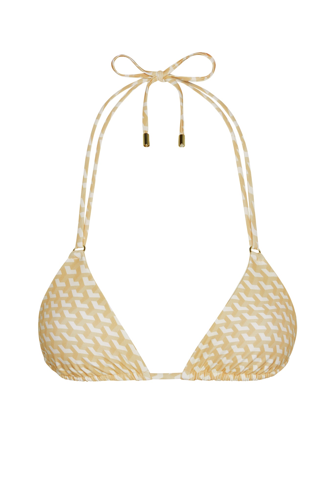 Yellow-and-white patterned triangle halter bikini top with adjustable neck tie and gold end caps.