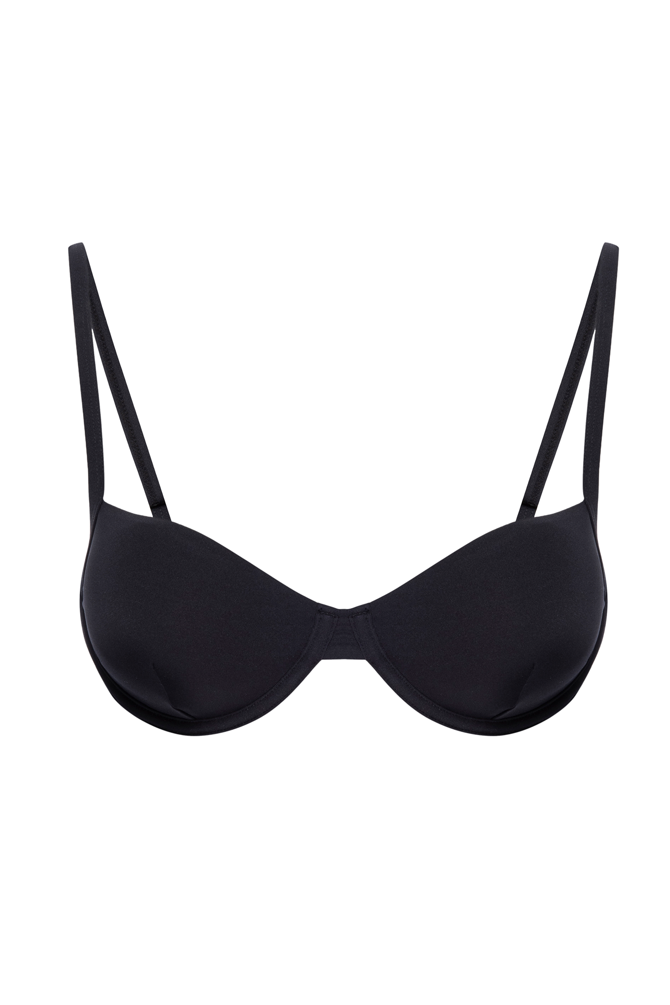 Black underwire bra with molded T-shirt cups and thin adjustable straps