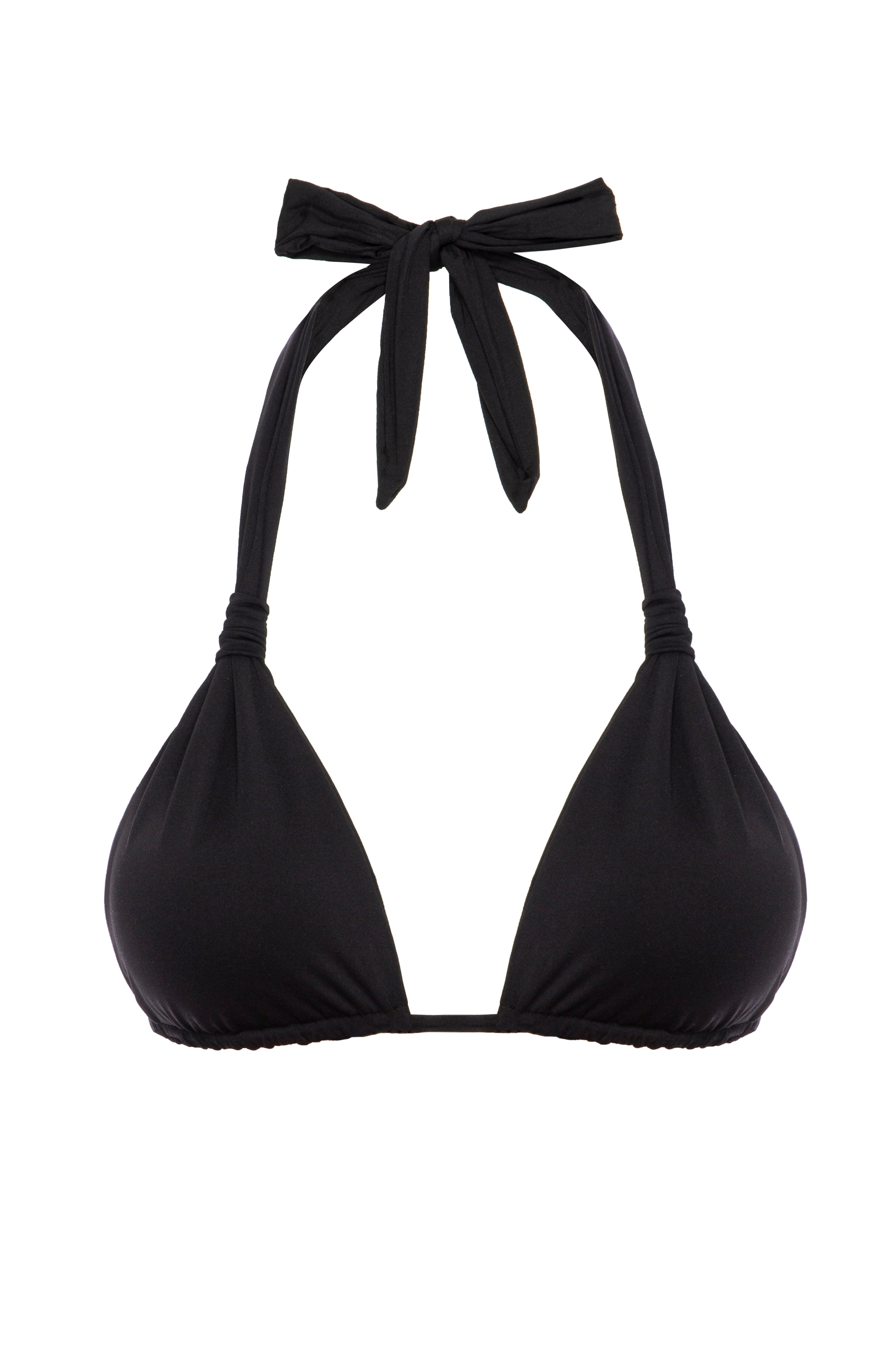 Black halter bikini top with tied neck straps and triangle cups on white background.