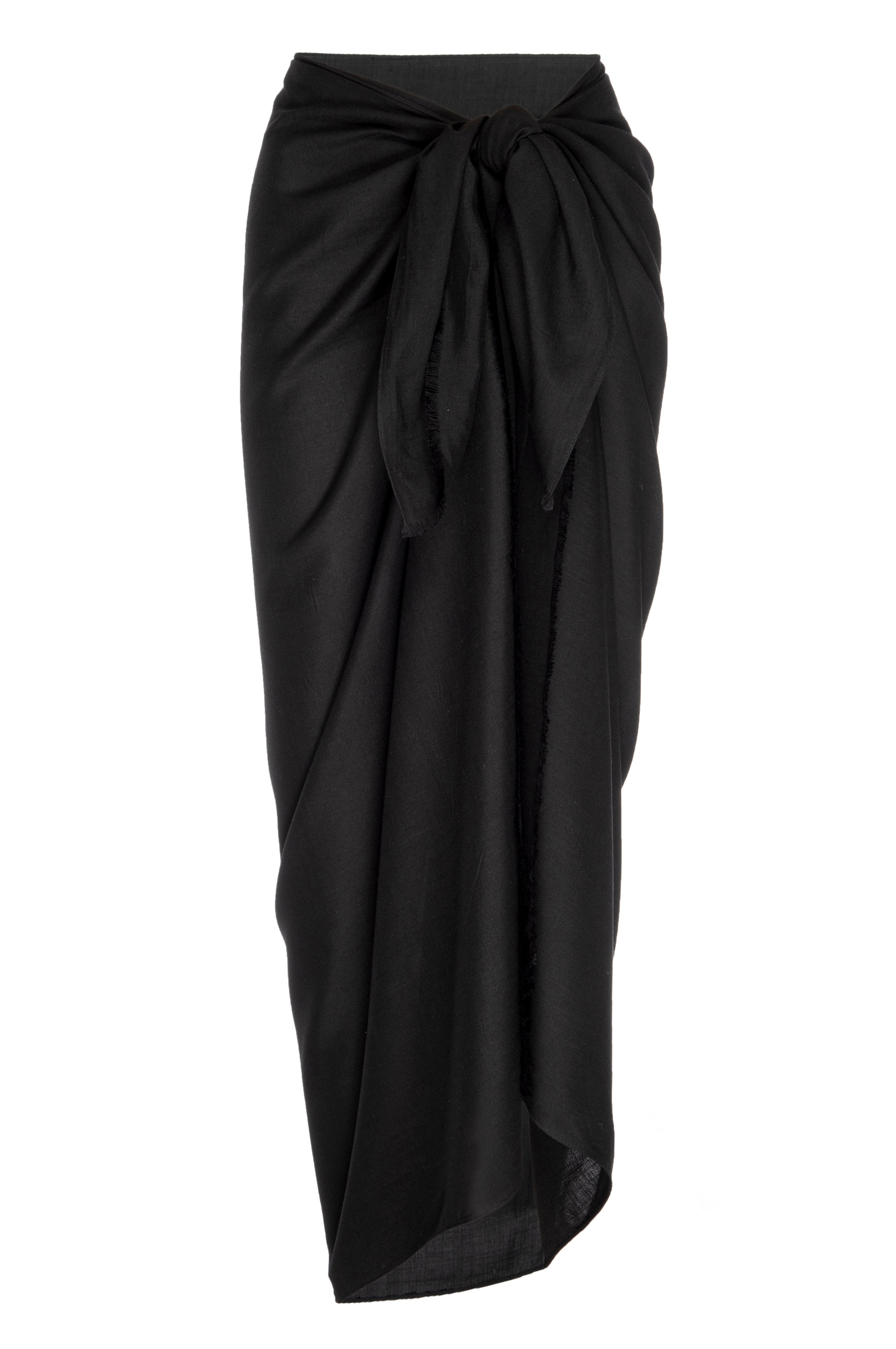 Black wrap sarong skirt tied at front with draped, asymmetrical hem
