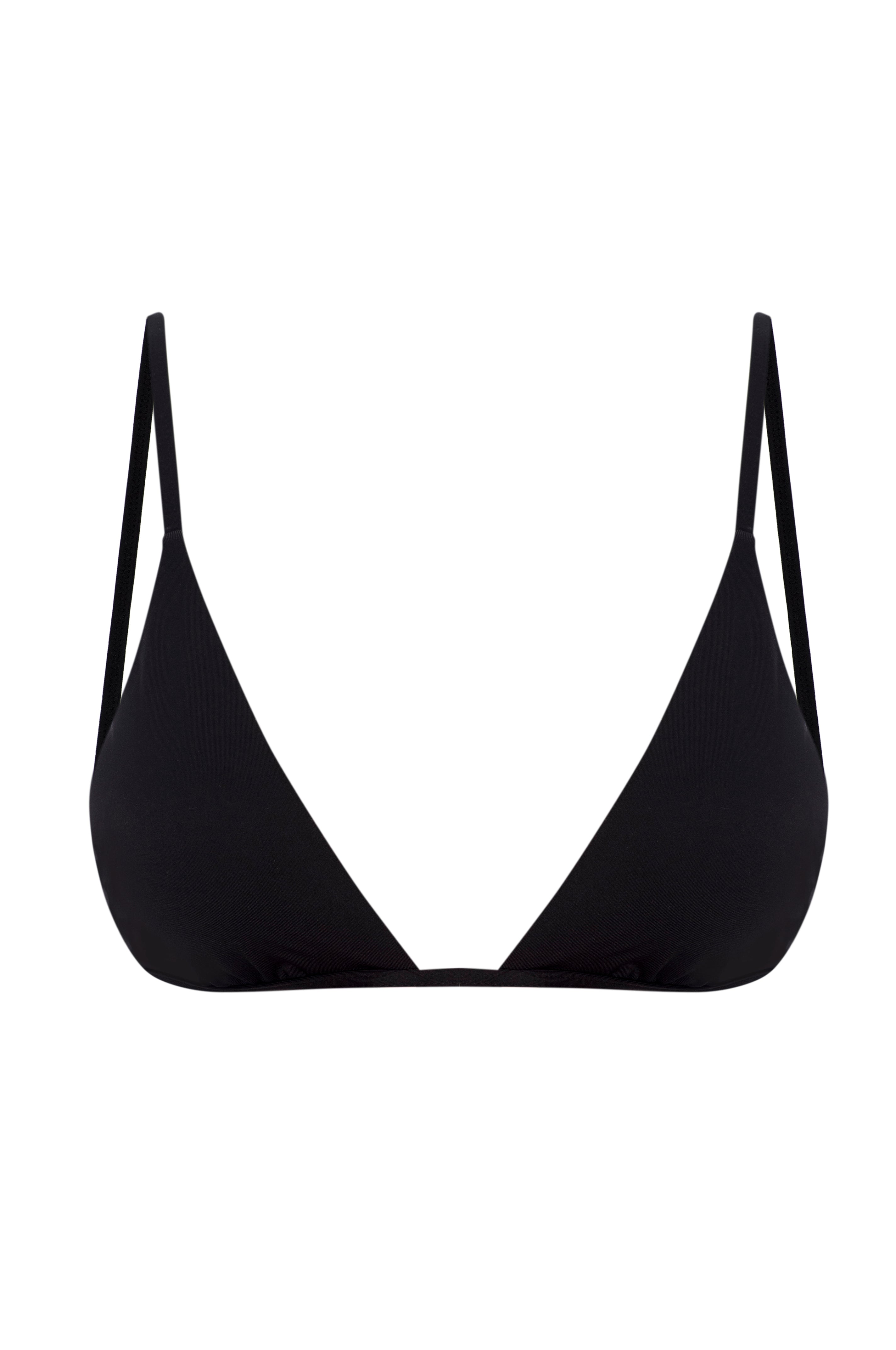 Black triangle bikini top with thin shoulder straps on a white background.