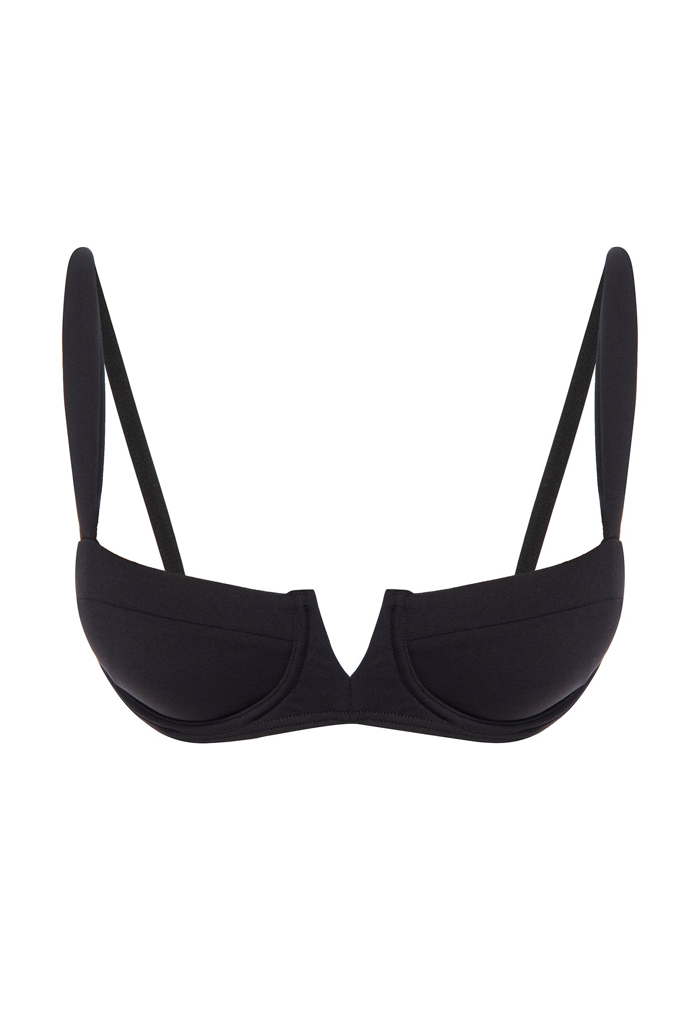 Black underwire balconette bra with molded cups, V-shaped plunge center and thin adjustable straps